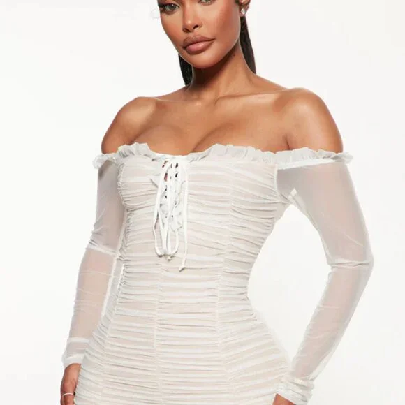 Fashion Nova Maura Mesh White Ruched Tie Front Off Shoulder Long Sleeve Dress - Picture 6 of 7